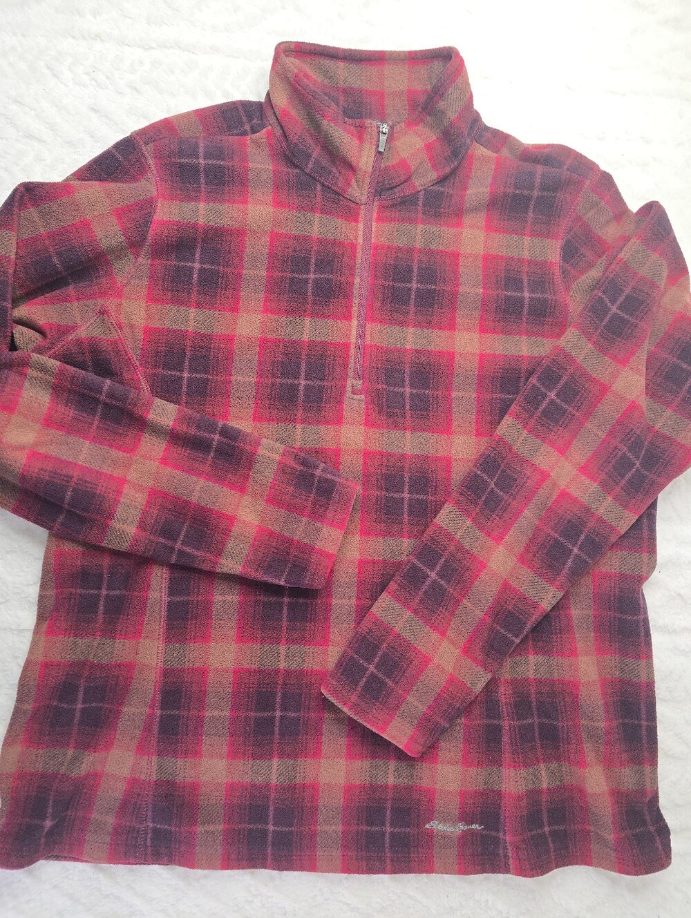 Eddie Bauer 1/4 Zip Fleece Sweatshirt Red Brown Plaid Mock Neck Pullover XL